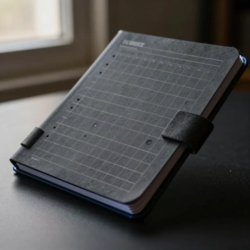 Dark graphite hashtag planner board on folded charcoal fabric in dramatic studio light.