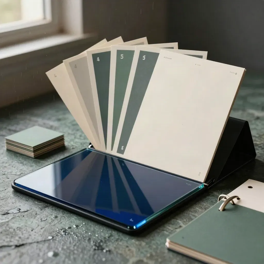 Macro hero of a scheduling slab, monthly cards, template blocks and analytics folio on a sage stone floor.
