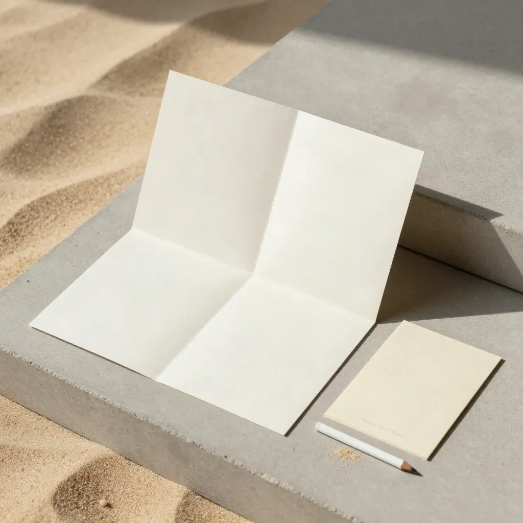 Overhead flatlay of caption template cards, folded sheets, and a white pencil stub on pale concrete.