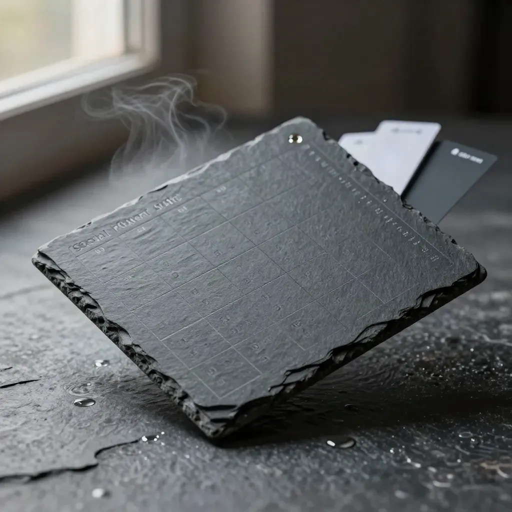 Slate planning slab with tiles and marker cards hovering above wet basalt, with cool vapor