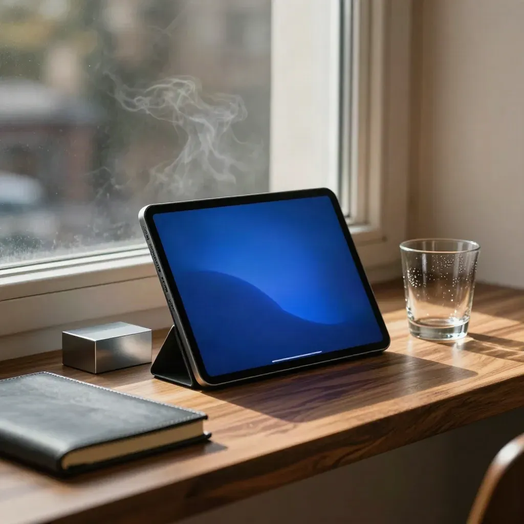 Dark analytics tablet beside metal block, notebook and glass tumbler in a hazy window nook.