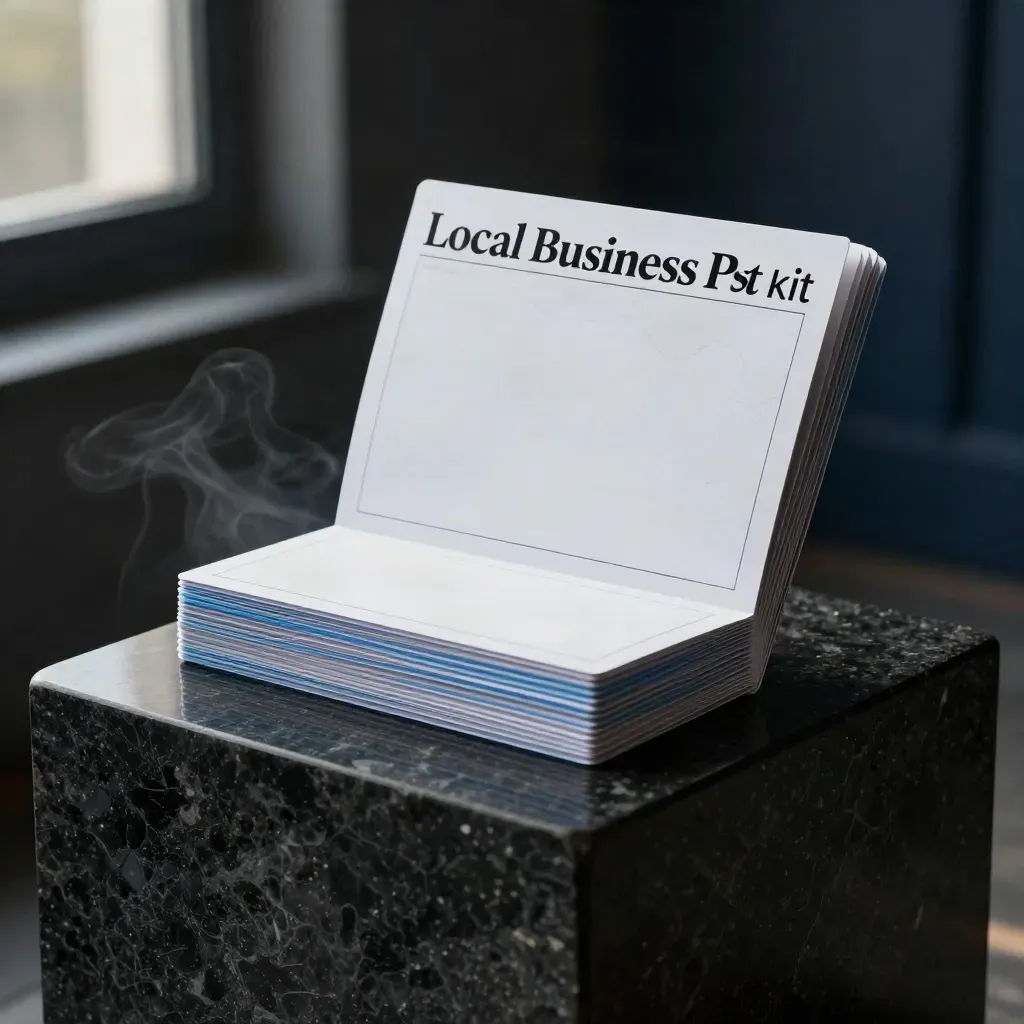 Dark dramatic kit of blank cards spinning on a stone pedestal with pale steam and cool rim light.