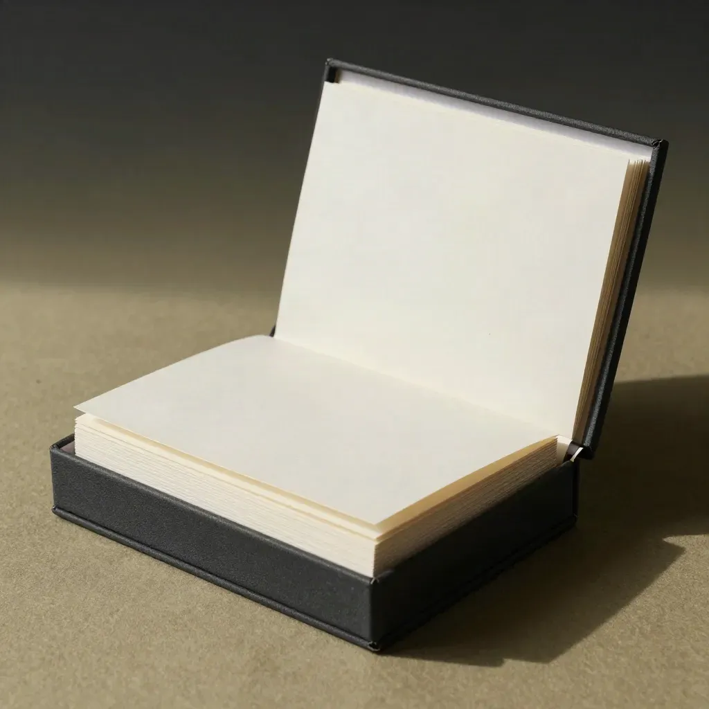 Open archive kit of blank cards, charcoal binder, and storage box on a studio surface.