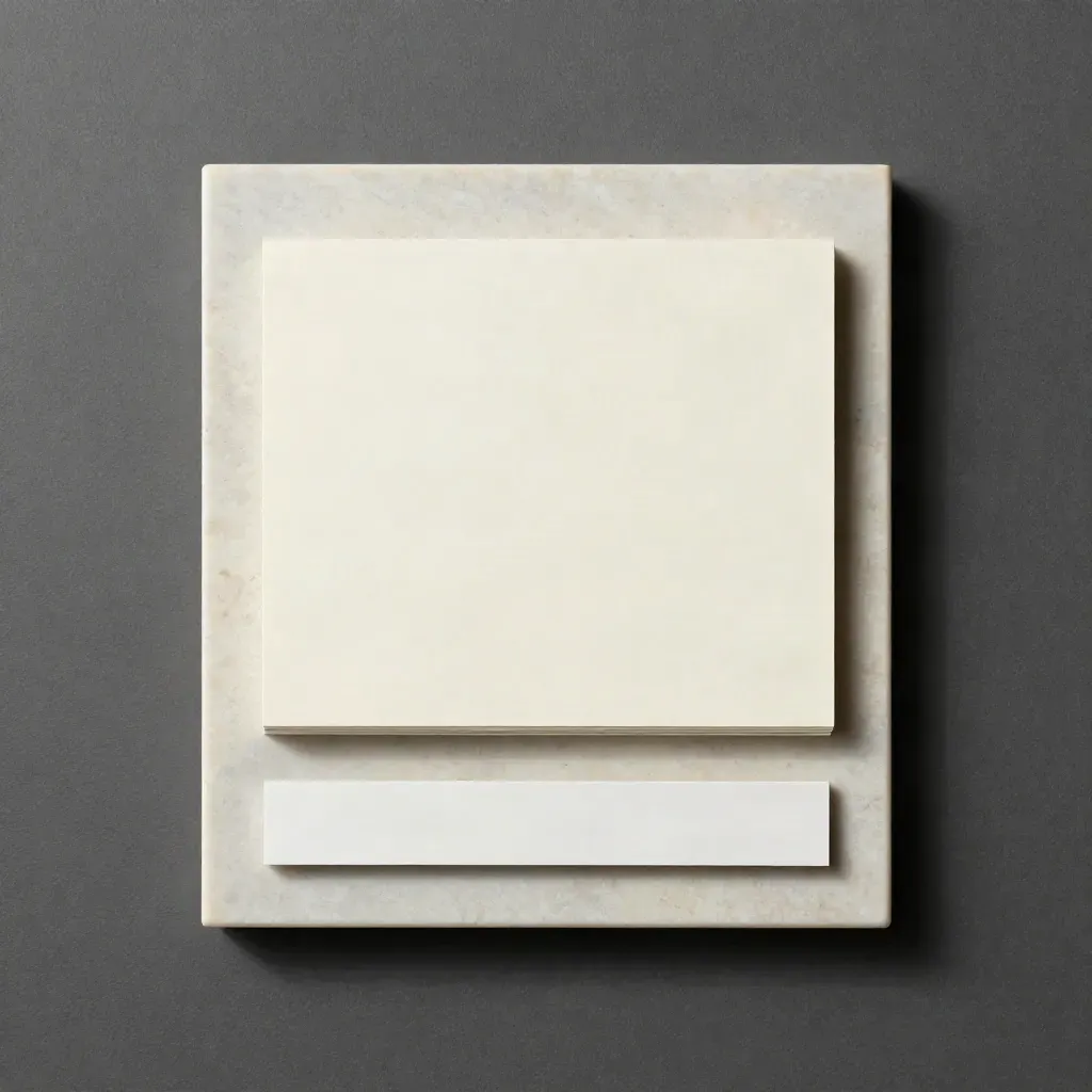 Overhead flatlay of a solo creator planning deck on pale travertine stone.