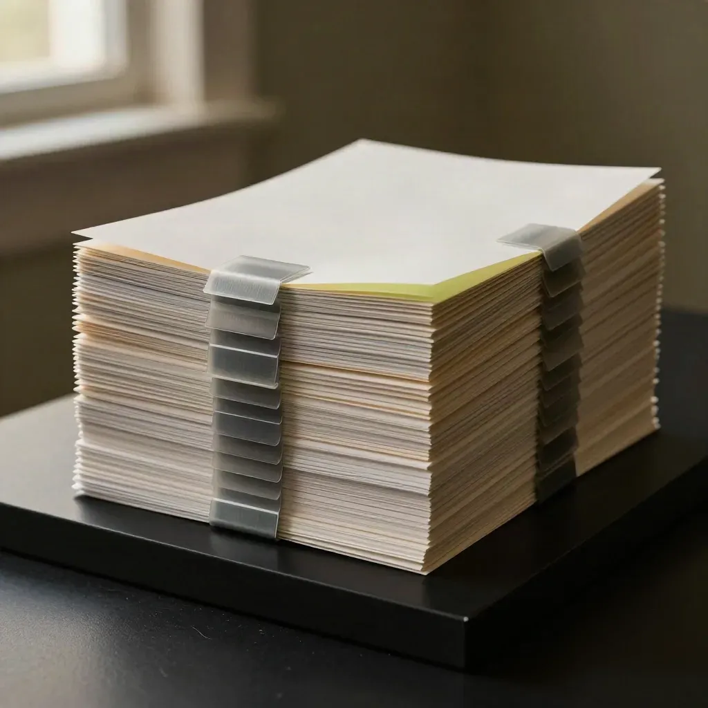 Extreme macro of layered approval sheets, translucent dividers and clip blocks on a dark studio plinth.