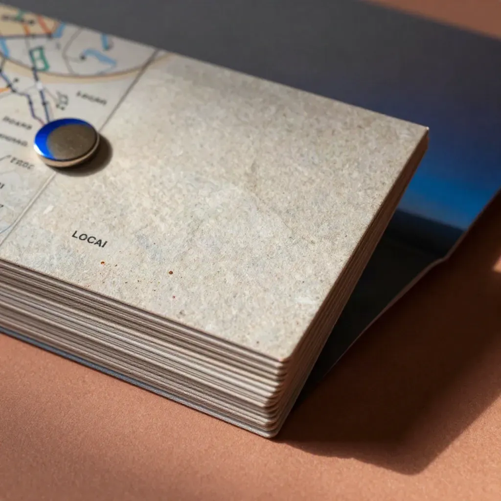 Macro of a folded launch bundle kit leaning on rough stone, with unprinted cards, cobalt token, and dust.