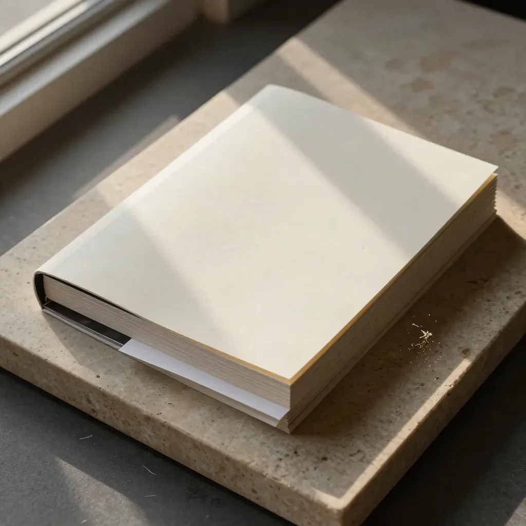 Top-down export stack of blank reports with a dark divider sheet on stone.